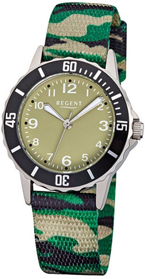 Regent Quarzuhr Regent Kinder-Armbanduhr grün schwarz, Kinder Armbanduhr rund, mittel (ca. 32mm), Textilarmband von Regent