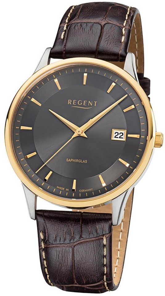 Regent Quarzuhr Regent Herren Uhr GM-1608 Leder Quarz, Herren Armbanduhr rund, mittel (ca. 39mm), Lederarmband von Regent