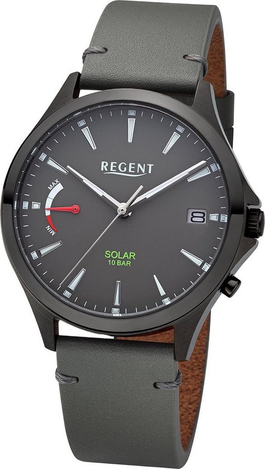 Regent Solaruhr Regent Herren Solaruhr Analog, Herrenuhr Lederarmband grau, rundes Gehäuse, extra groß (ca. 41mm) von Regent