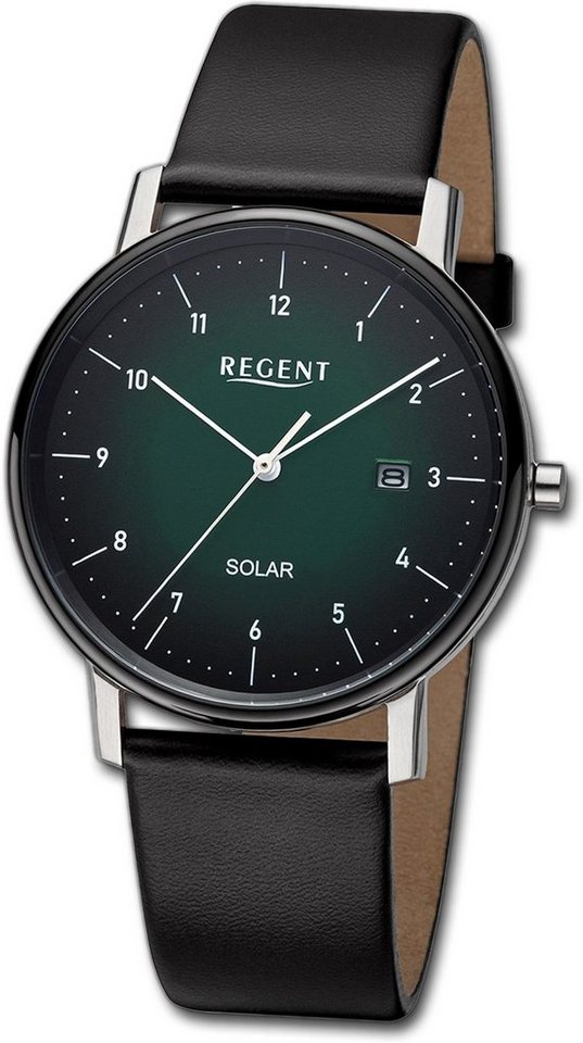 Regent Solaruhr Regent Herren Solaruhr Analog, Herrenuhr Lederarmband schwarz, rundes Gehäuse, extra groß (ca. 39mm) von Regent