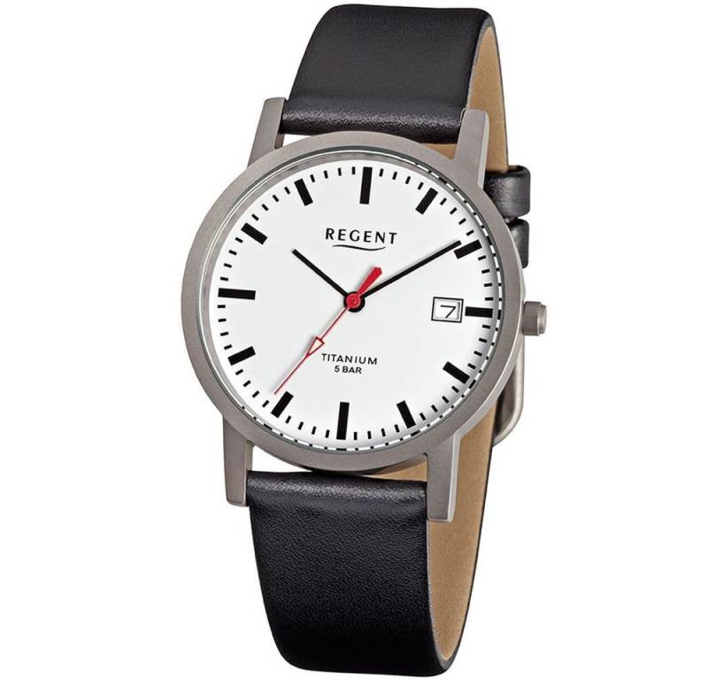 Regent Titanuhr REGENT Herren Armbanduhr F-231 weiß D. 34 mm Lederband schwarz von Regent