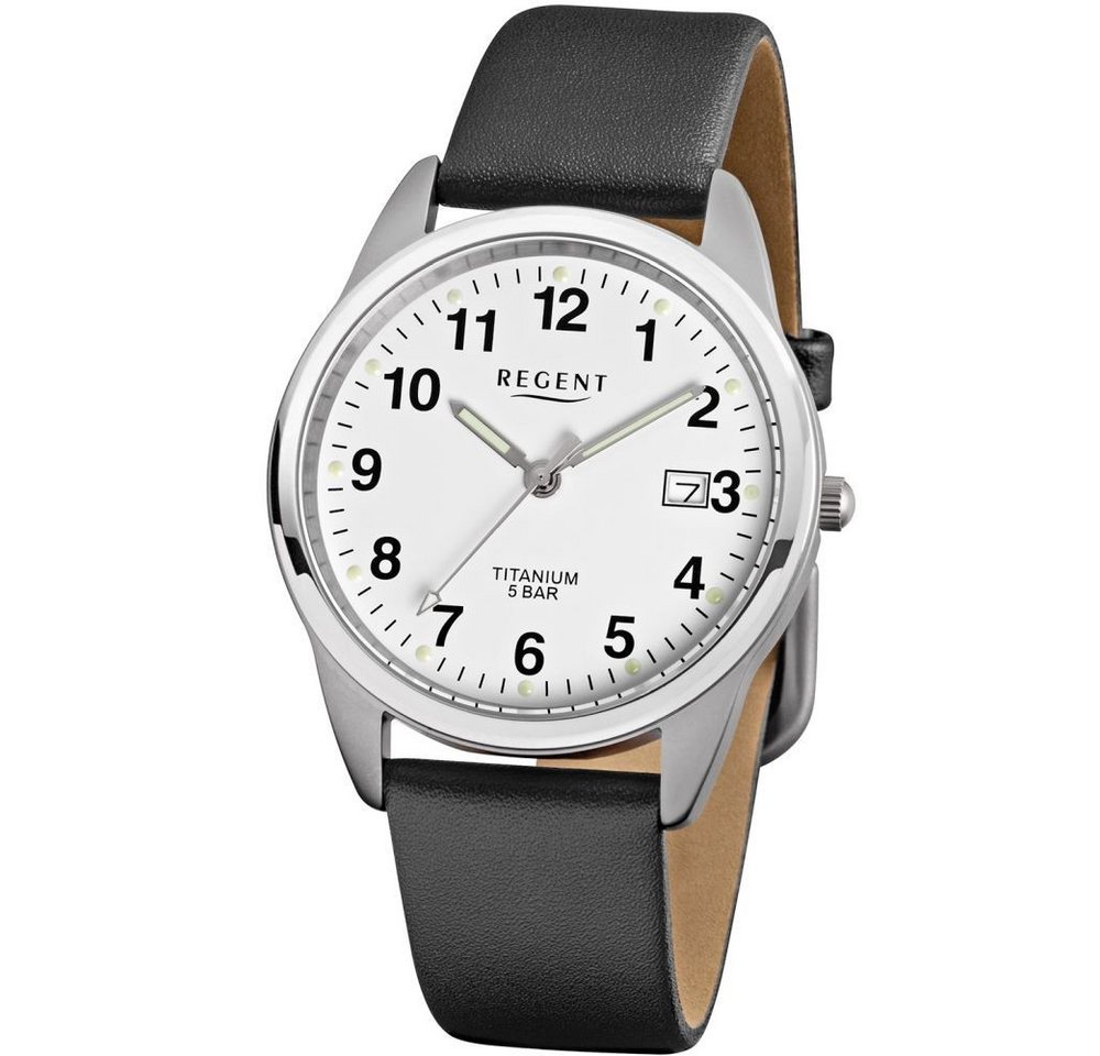 Regent Titanuhr REGENT Herren Armbanduhr F-685 weiß D. 36 mm Lederband schwarz von Regent