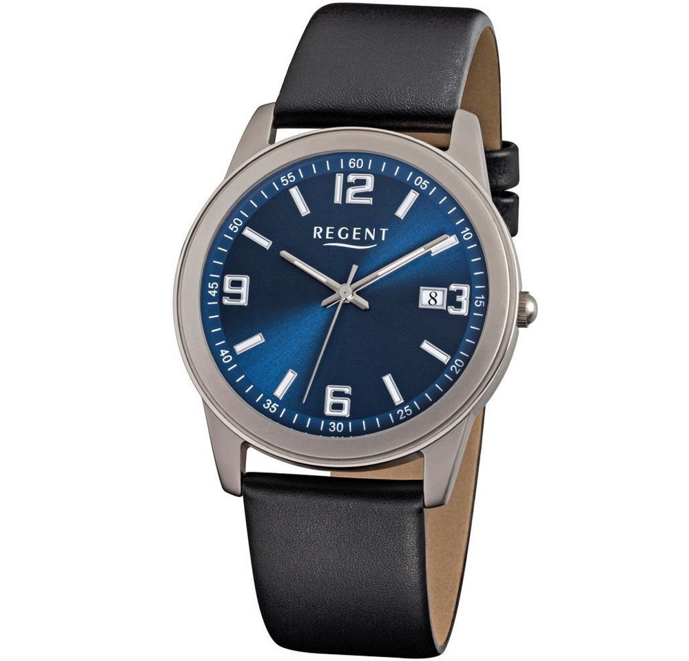 Regent Titanuhr REGENT Herren Armbanduhr F-844 blau D. 38 mm Lederband schwarz von Regent
