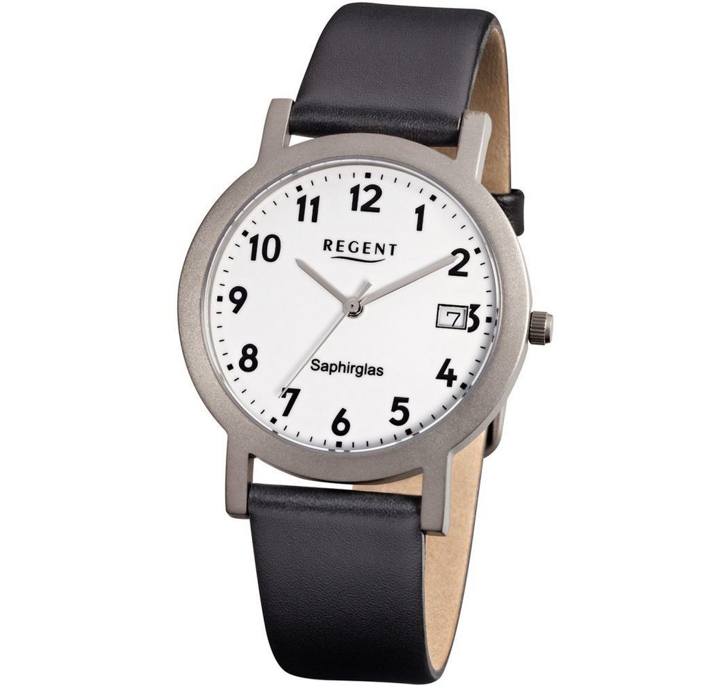 Regent Titanuhr REGENT Herren Armbanduhr F-690 weiß D. 37 mm Lederband schwarz von Regent