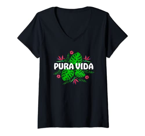 Damen Pura Vida Costa Rica Pflanzen Blumen Sommer Karibik Urlaub T-Shirt mit V-Ausschnitt von Regenwald & Dschungel Designs von Anne Mathiasz