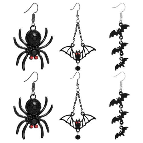 Halloween Ohrringe,Regerly 3 Stück Fledermaus Ohrringe Spinnen Ohrringe Halloween Tier Ohrringe Damen Lang Hängende Ohrhänger Vampir Kostüm Zubehör Halloween Kostüm Damen Schwarze für Halloween Karnev von Regerly