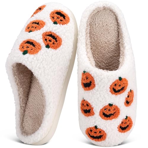 Regilt Halloween-Hausschuhe für Damen und Herren, gruseliger Kürbis, Geist, flauschig, Plüsch, warm, gemütlich, Hausschuhe, für drinnen und draußen, Kürbisweiß, 7-8 Wide Women/6-7 Wide Men Regilt Halloween-Hausschuhe für Damen und Herren, gruseliger Kürbis, Geist, flauschig, Plüsch, warm, gemütlich, Hausschuhe, für drinnen und draußen, Kürbisweiß, 7-8 Wide Women/6-7 Wide Men von Regilt