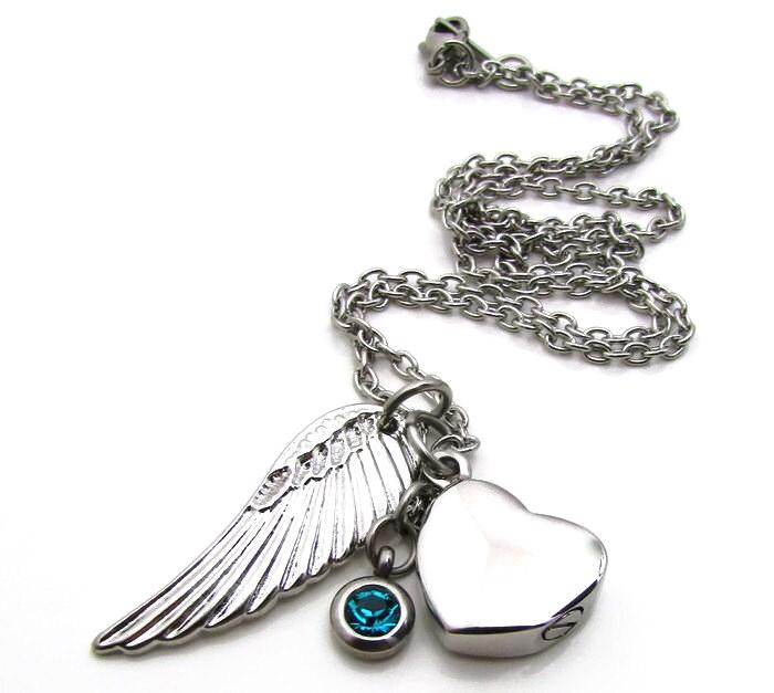 Edelstahl-Halskette Engelsflügel, Herz-Urne & Geburtsstein Edelstahl-Halskette Engelsflügel, Herz-Urne & Geburtsstein von ReginaLynnDesign