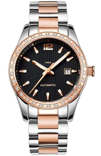 Reginald Automatikuhr Mode Frauen Analog Uhr Edelstahlband Wasserdicht Frauen Automatische Mechanische Uhr, Rosa / Schwarz, Sport und Freizeit von Reginald