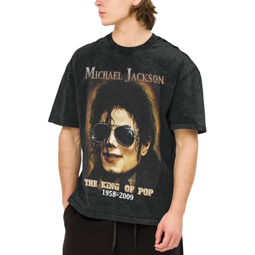 Michael King Jackson Shirt Hip Hops T-Shirts Retro Washed Drop Shoulder Kurzarm T-Shirt Fashion Rock Style Baumwolle T-Shirt für Alltag und Freizeit Aktivitäten, Jackson-2, S von Reginascaks