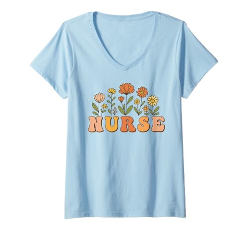 Damen Nurse Appreciation Day Süßes Still-T-Shirt für RN Flower #25L5A T-Shirt mit V-Ausschnitt von Registered Nurse Apparel RN Outfit Tees