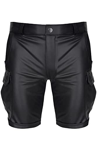 Herren Cargo Shorts Kurze Hose schwarz aus elastischem Wetlook-Stoff mit Taschen S von Regnes Fetish Planet