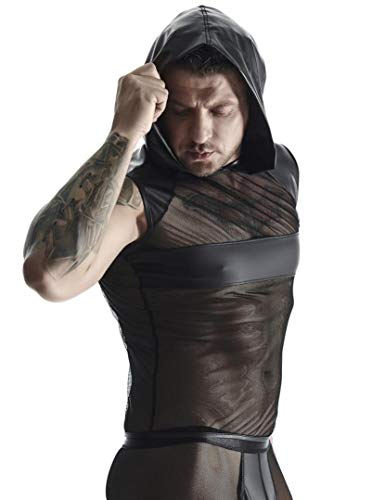 Herren Dessous Kapuzen Muskel Shirt transparent schwarz Wetlook Männer Hemd dehnbar mit Netzmaterial XL von Regnes Fetish Planet