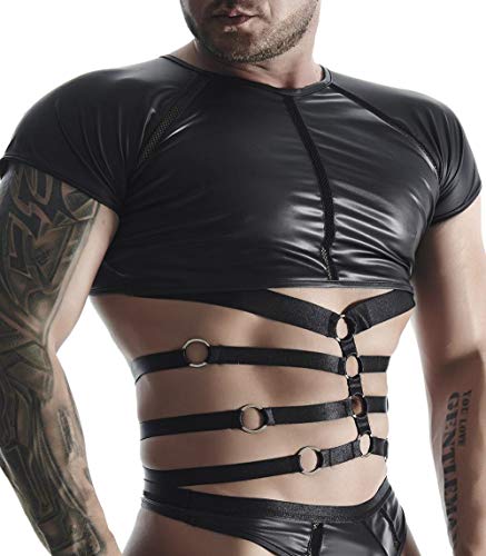 Herren Dessous fetisch Muscle-Shirt in schwarz mit Netz Einsätzen, Gummi Bänder und Metallringen Blickdicht L von Regnes Fetish Planet