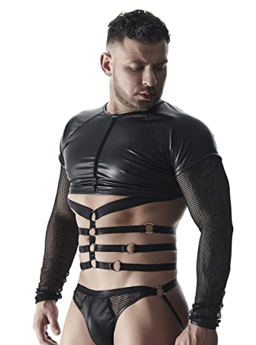 Herren Langarm-Shirt mit Harness in schwarz aus dehnbarem Netz und mattem Wetlook-Material M von Regnes Fetish Planet