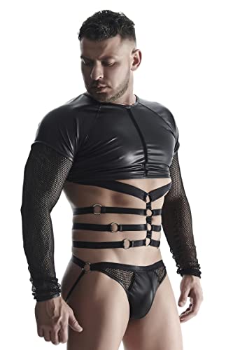 Herren Langarm-Shirt mit Harness in schwarz aus dehnbarem Netz und mattem Wetlook-Material XXL von Regnes Fetish Planet