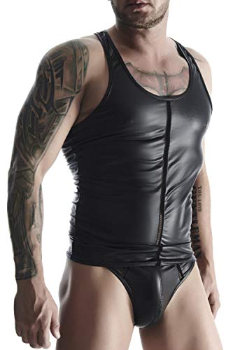 Herren Muscle Shirt schwarz aus Wetlook Material mit Netzeinsatz Muskel Träger Hemd dehnbar Blickdicht Gogo fetisch Männer M von Regnes Fetish Planet