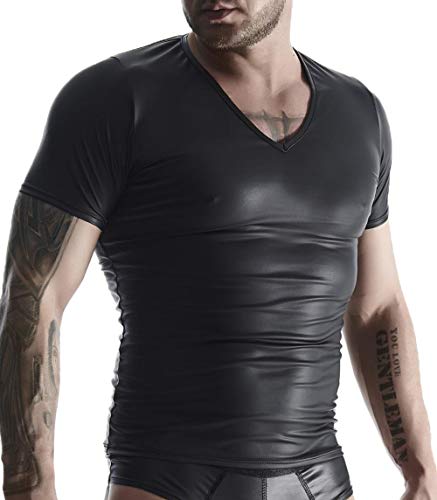 Herren T-Shirt schwarz aus Wetlook Material Hemd dehnbar Blickdicht Gogo fetisch Shirt Männer S von Regnes Fetish Planet