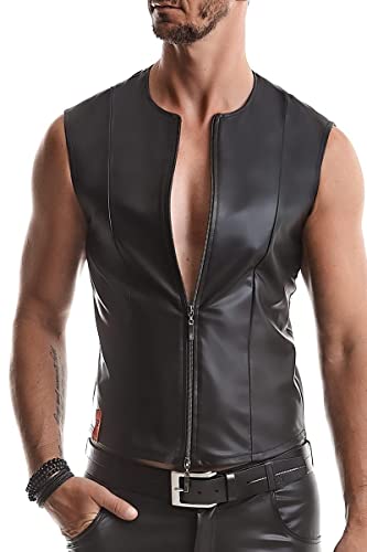 Herren Weste schwarz aus mattem dehnbarem Kunstleder mit 2-Wege Reißverschluss Slim-Fit Form 4XL von Regnes Fetish Planet