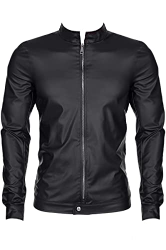 Herren Wetlook Jacke in schwarz mit dekorativen Metallic-Druckknöpfen und silberfarbenem Reißverschluss M von Regnes Fetish Planet