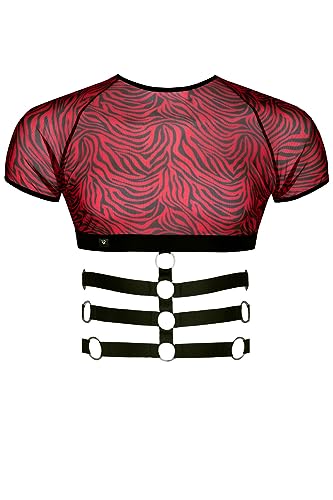 Männer Harness T-Shirt schwarz/rot Top mit kurzen Ärmeln und Gummibändern Zebramuster Skinny S von Regnes Fetish Planet