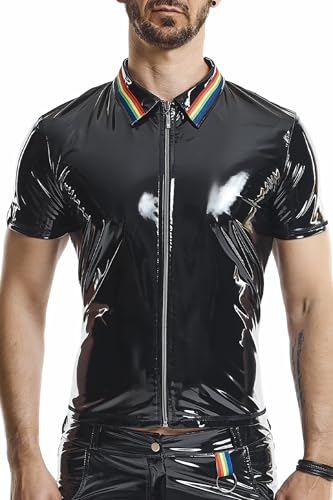 PVC Polo Shirt schwarz glänzend Slim Fit Hemd fetisch Shirt mit Kragen und Reißverschlluss elastisch M von Regnes Fetish Planet