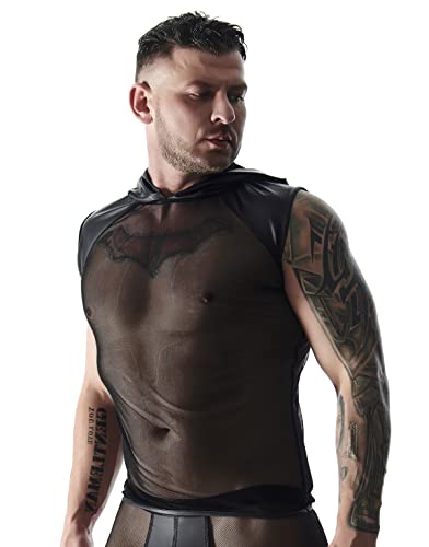 Regnes Fetish Planet Herren Kapuzenshirt schwarz aus Netz transparentes Netzshirt elastisch mit Wetlook Einsätzen L von Regnes Fetish Planet