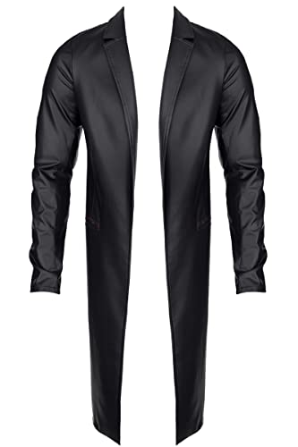 Regnes Fetish Planet Herren Mantel schwarz aus Wetlook-Material Trenchcoat mit Taschen und Kragen Slim-Fit XXL von Regnes Fetish Planet