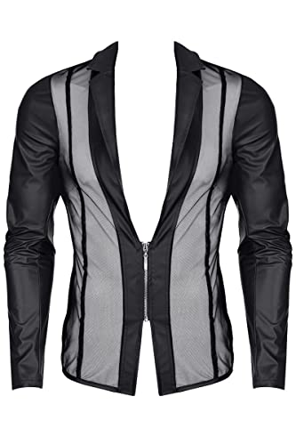 Regnes Fetish Planet Herren Wetlook Jacke halbtransparent in schwarz mit kurzem Reißverschluss und tiefen Auschnitt XXL von Regnes Fetish Planet