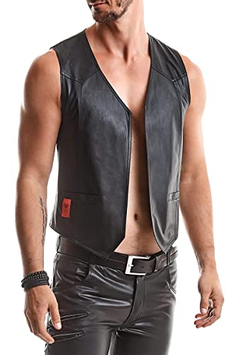 Regnes Fetish Planet Schwarze Herren Weste aus mattem dehnbarem Wetlook mit Zwei Taschen vorn und Riemen auf der Rückseite Slim Fit 2XL von Regnes Fetish Planet