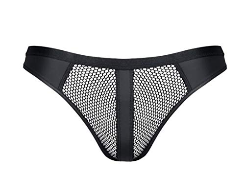 Regnes Fetish Planet Schwarzer transparenter Herren String aus groben Netz und Wetlook Material elastisch fetisch String mit Gummibund M von Regnes Fetish Planet