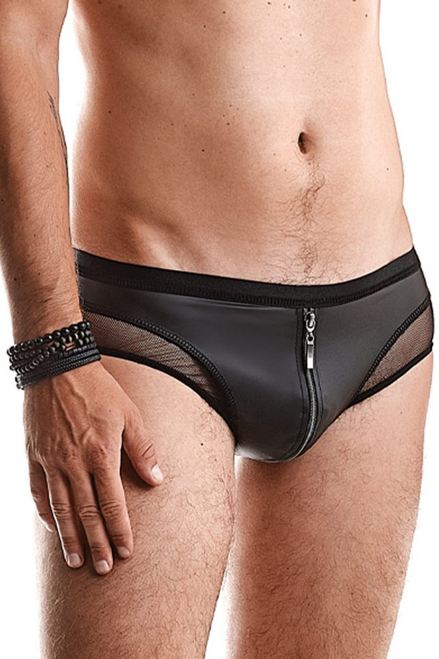 Regnes Fetish Planet Slip Herren Slip schwarz aus wetlook und Netz Material elastisch mit Reißve von Regnes Fetish Planet