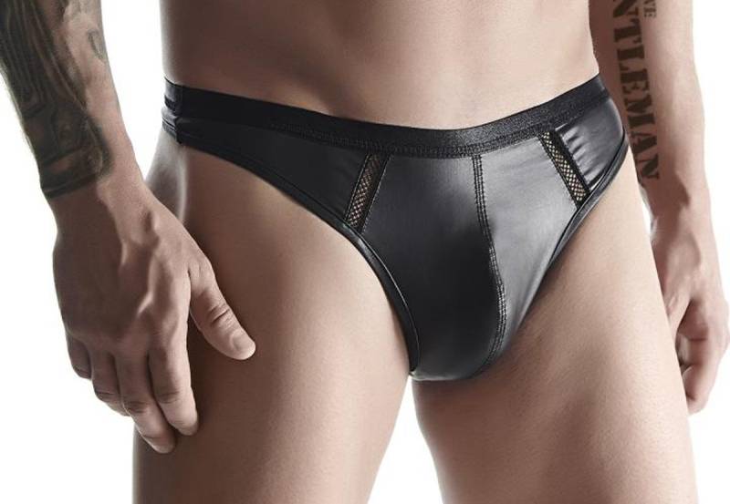 Regnes Fetish Planet String Schwarzer wetlook Herren String dehnbar blickdicht mit Gummi Bund Männ von Regnes Fetish Planet