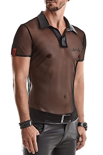 Transparentes Herren T-Shirt schwarz aus Mesh Material mit Wetlook Stehkragen Männer Poloshirt Kurzarm Slim-Fit Form XL von Regnes Fetish Planet