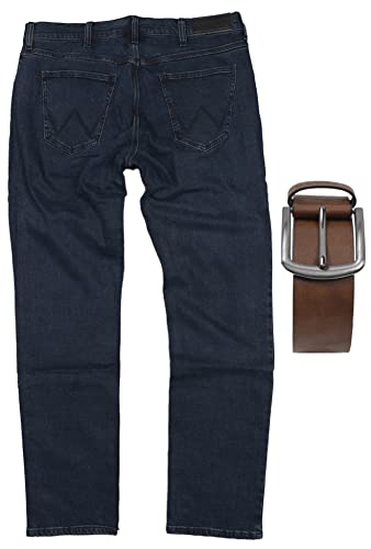 Regular Fit Wrangler Stretch Herren Jeans inkl. Gürtel (Blue Black + Brauner Gürtel, W34/L30) von Regular Fit