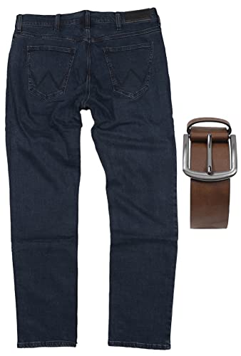 Regular Fit Wrangler Stretch Herren Jeans inkl. Gürtel (Blue Black + Brauner Gürtel, W36/L30) von Regular Fit