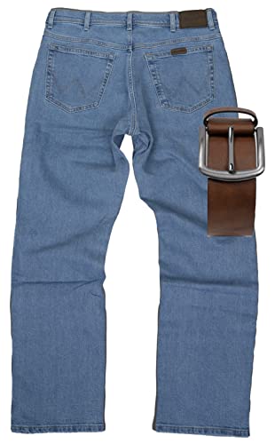 Regular Fit Wrangler Stretch Herren Jeans inkl. Gürtel (Light Stone + Brauner Gürtel, W33/L30) von Regular Fit