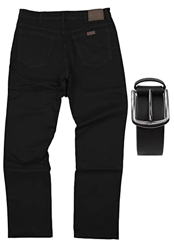 Regular Fit Wrangler Stretch Herren Jeans inkl. Texas Gürtel (Black, W33/L30) von Regular Fit