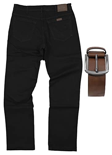 Regular Fit Wrangler Stretch Herren Jeans inkl. Texas Gürtel (Black + Brauner Gürtel, W44/L32) von Regular Fit