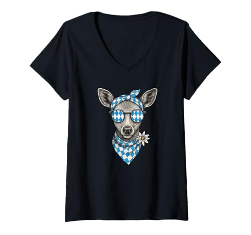 Damen Reh Cool Dirndl Tracht Ersatz Bayern Bandana Funny Wiesn Reh T-Shirt mit V-Ausschnitt Damen Reh Cool Dirndl Tracht Ersatz Bayern Bandana Funny Wiesn Reh T-Shirt mit V-Ausschnitt von Reh Tracht Ersatz Dirndl Edel Bayrisch Weiss Blau