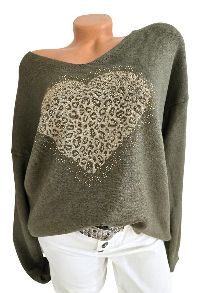 Rehoboth Moda V-Ausschnitt-Pullover mit Herz im Animal-Print und Glitzer, V-Ausschnitt, Onesize (40–44) von Rehoboth Moda