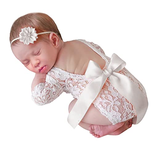 Rehomy 2pcs / Set Neugeborenes Baby Lace Romper Infant Fotografie Requisiten Outfits Lace Romper + Flower Stirnband von Rehomy