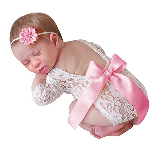 Rehomy 2pcs / Set Neugeborenes Baby Lace Romper Infant Fotografie Requisiten Outfits Lace Romper + Flower Stirnband von Rehomy