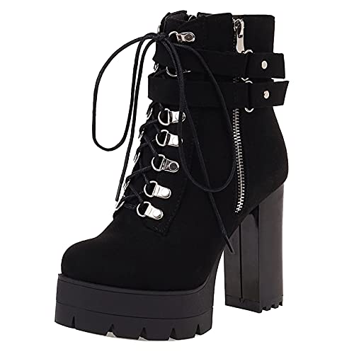 ReiaRinz Damen Retro Gothic Stiefel Höhen Blockabsatz Kurzschaft Stiefel Plateau Winter Schuhe Reißverschluss Runde Zehen Knöchel Stiefel Black Große 36 Asiatisch von ReiaRinz