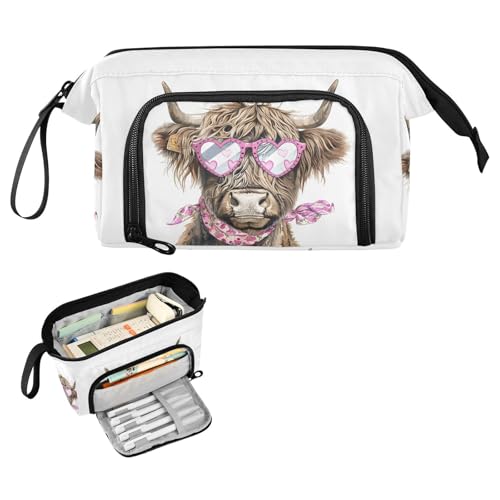 Reiacy Highland Cow Glasses Bandana Large Pencil Case, Big Capacity Pencils Pouch with Handle, Pen Bag for Girls Boys Women, Ideal for Travel School Office Gift von Reiacy