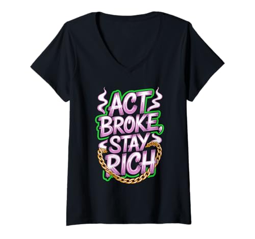 Damen Act Broke Stay Rich Minimalismus Spruch Frugalismus Erfolg T-Shirt mit V-Ausschnitt von Reiches Mindset für Sparfüchse & Selfmade Typen