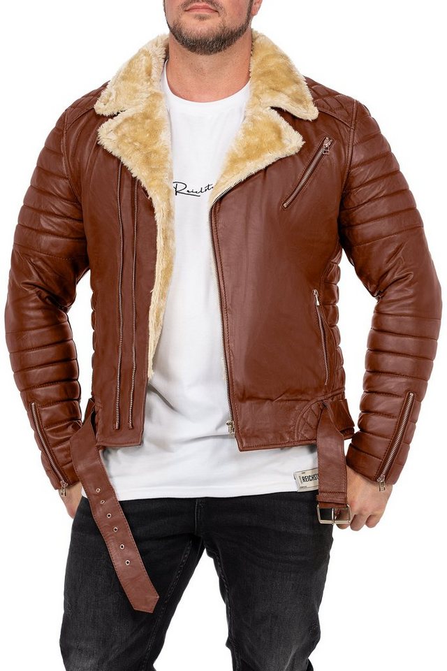 Reichstadt Lederjacke Herren Slim Fit Bikerjacke Black Zipper RS008LUX Cognac M gefüttert mit Steppmustern von Reichstadt