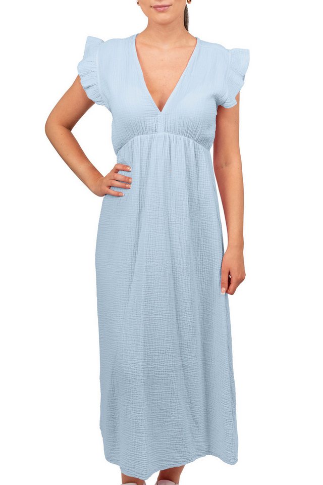 Reichstadt Sommerkleid Reichstadt Damen Musselin Sommerkleid 25RSW076 Tiefer V-Ausschnitt und raffinierte Rüschenärmel von Reichstadt