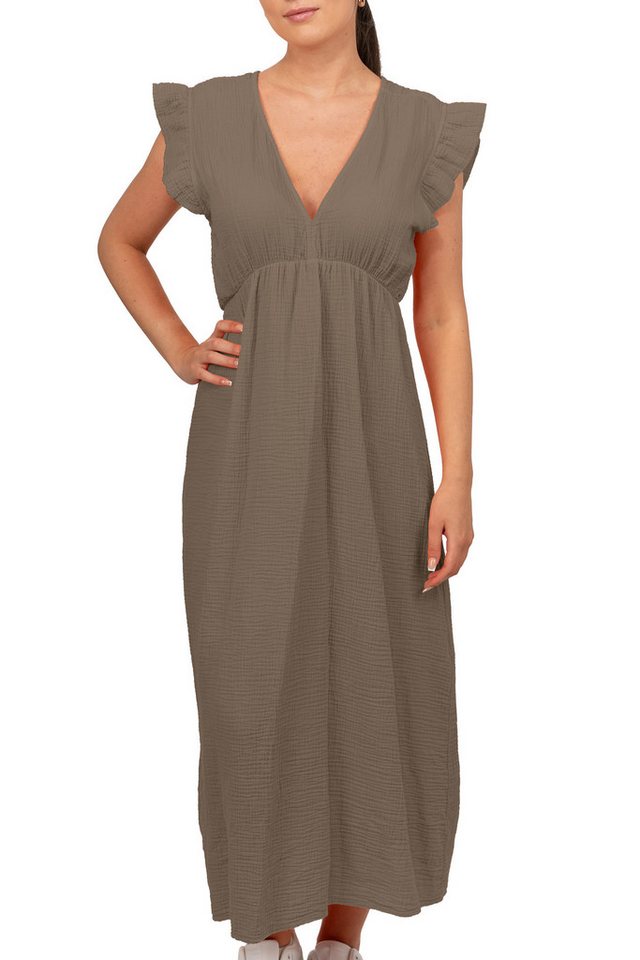 Reichstadt Sommerkleid Reichstadt Damen Musselin Sommerkleid 25RSW076 Tiefer V-Ausschnitt und raffinierte Rüschenärmel von Reichstadt