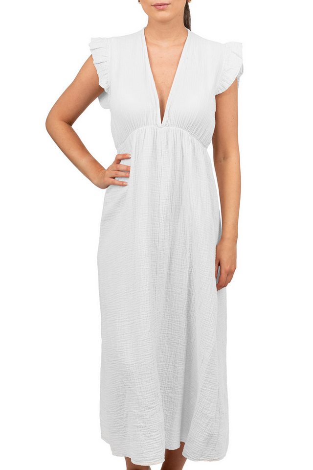 Reichstadt Sommerkleid Reichstadt Damen Musselin Sommerkleid 25RSW076 Tiefer V-Ausschnitt und raffinierte Rüschenärmel von Reichstadt